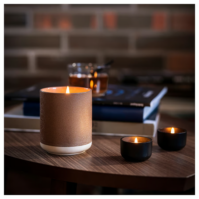 SILKESTRAD Scented candle in ceramic jar, leather & vanilla/brown, 45 hr, 00570397