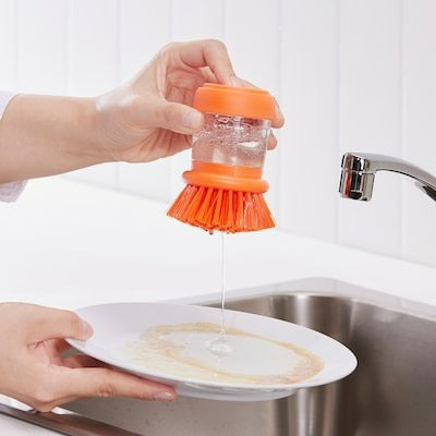 VIDEVECKMAL Dish-washing brush with dispenser, bright orange