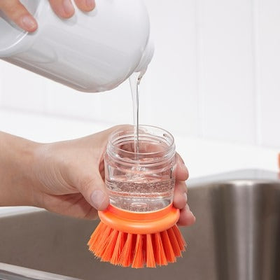 VIDEVECKMAL Dish-washing brush with dispenser, bright orange