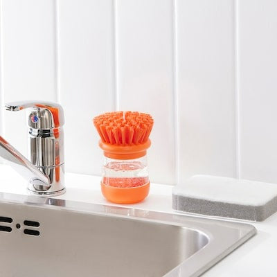 VIDEVECKMAL Dish-washing brush with dispenser, bright orange