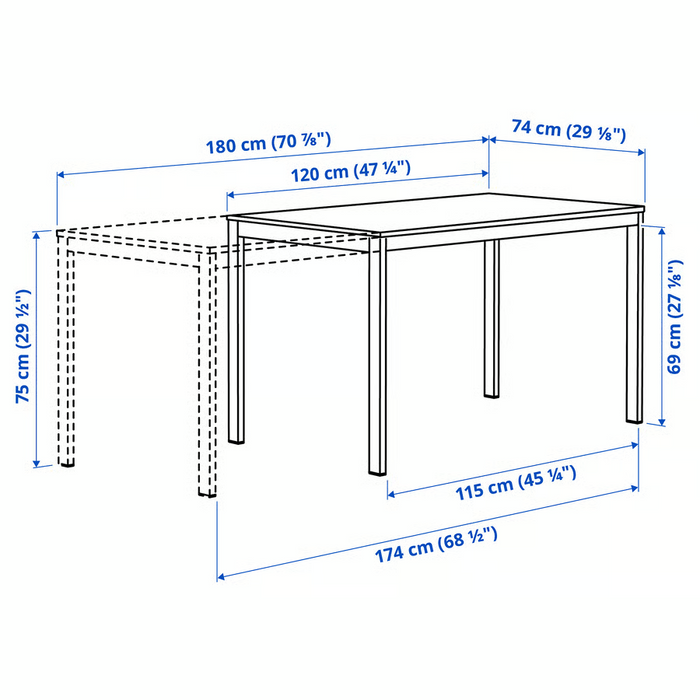 VIHALS Extendable table, white, 120/180x74 cm, 10592737