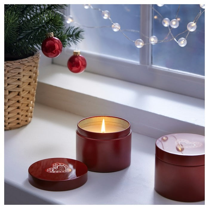 VINTERFINT Scented candle in metal tin, Cinnamon & sugar/red, 20 hr