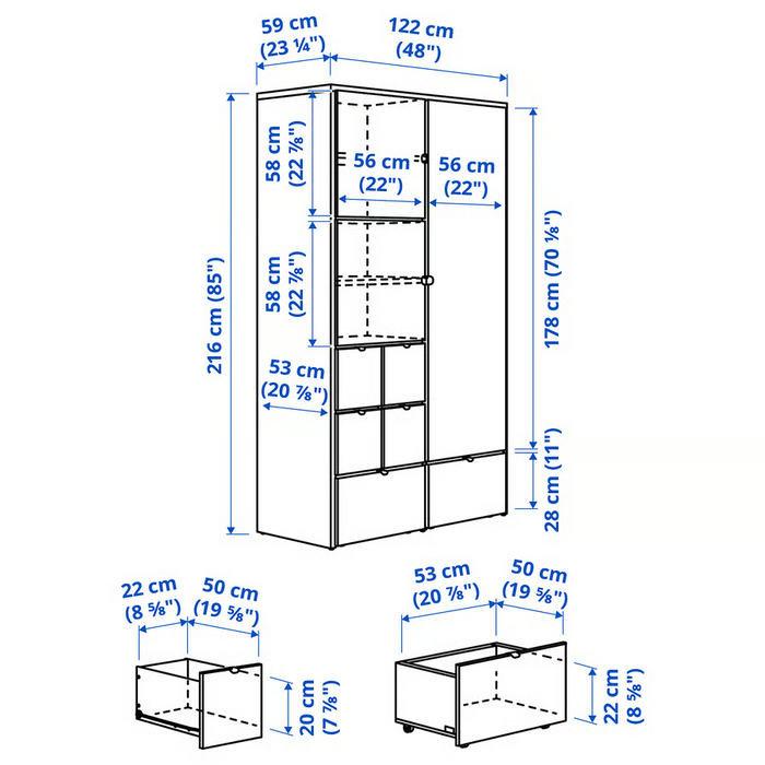 VISTHUS Wardrobe, grey/white, 122x59x216 cm, 30347617