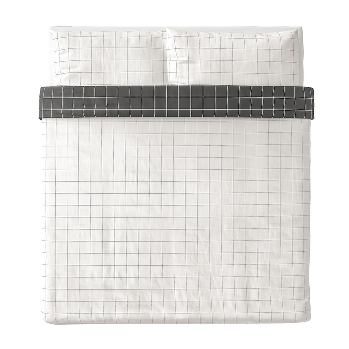 VITKLOVER Duvet cover and 2 pillowcases, white black/check, 240x220/50x80 cm