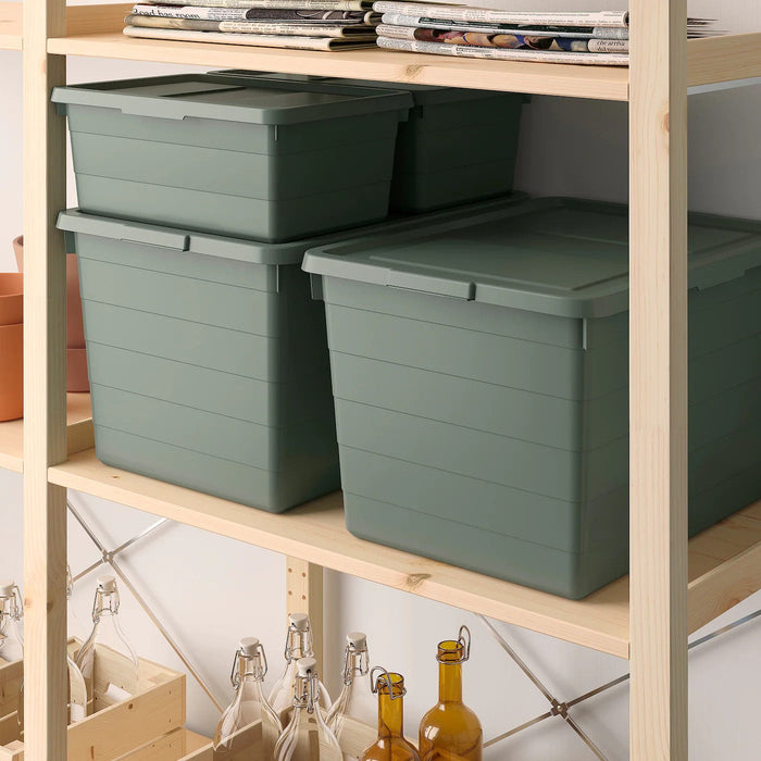 SOCKERBIT storage box with lid, grey-green, 38x51x