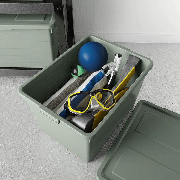 SOCKERBIT storage box with lid, grey-green, 38x51x