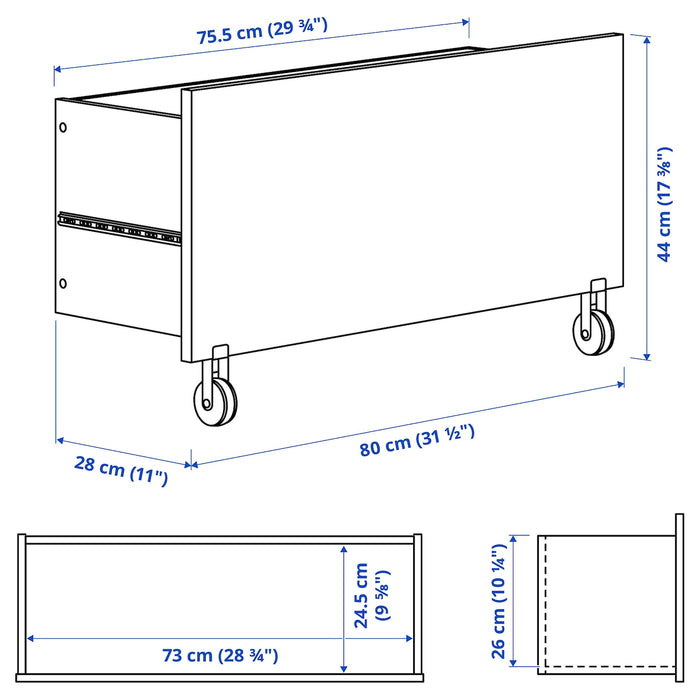 BILLY Drawer, white/with castors, 80x28x44 cm