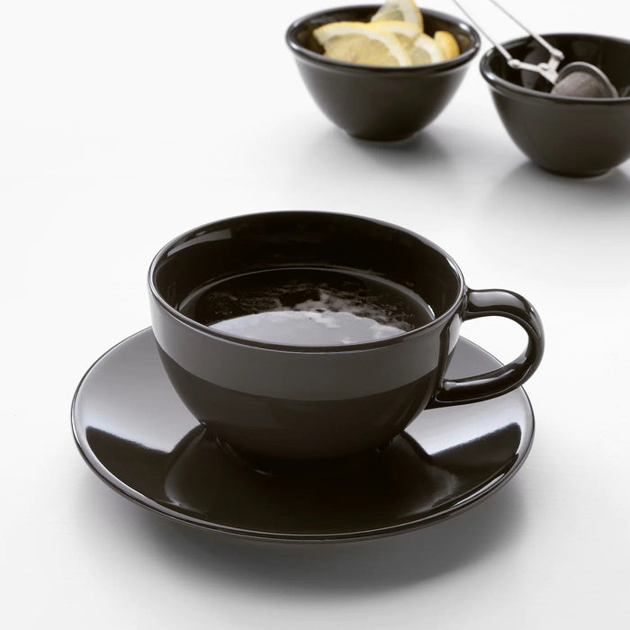 VARDAGEN Teacup with saucer, dark grey, 26 cl