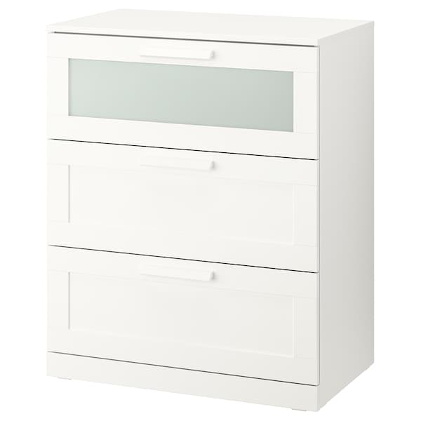 BRIMNES Chest of 3 drawers, white/frosted glass 78x95 cm