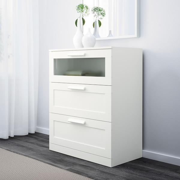 BRIMNES Chest of 3 drawers, white/frosted glass 78x95 cm