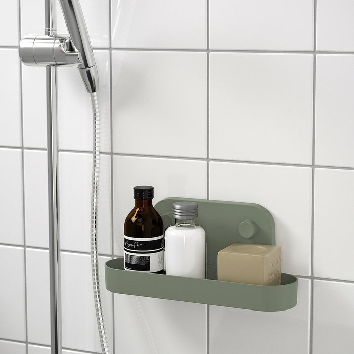 OBONAS Wall shelf with suction cup, grey-green, 28 cm