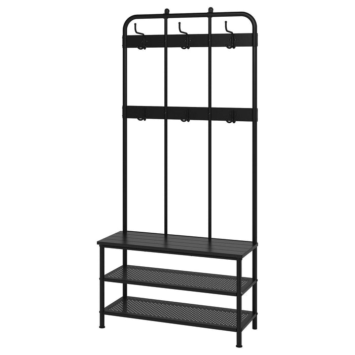 PINNIG Coat rack with shoe storage bench, black 193x37x90 cm