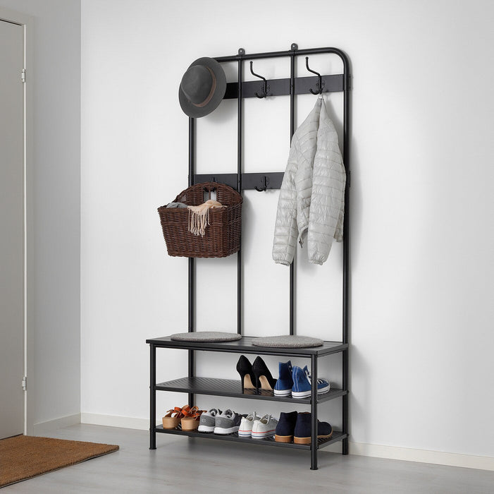 PINNIG Coat rack with shoe storage bench, black 193x37x90 cm