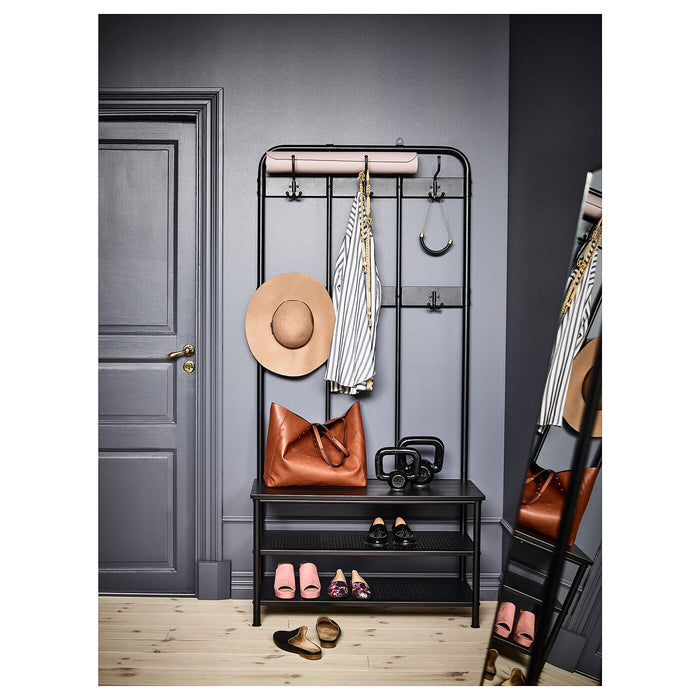 PINNIG Coat rack with shoe storage bench, black 193x37x90 cm