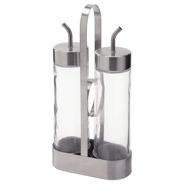 ORTFYLLD 3-piece oil/vinegar set, glass/stainless