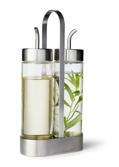 ORTFYLLD 3-piece oil/vinegar set, glass/stainless