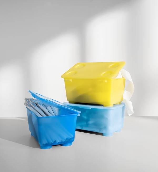 GLIS box with lid, yellow/blue, 17x10 cm