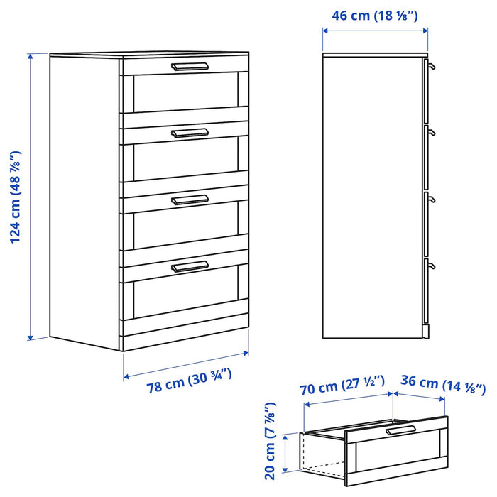 BRIMNES Chest of 4 drawers, white/frosted glass 78x124 cm