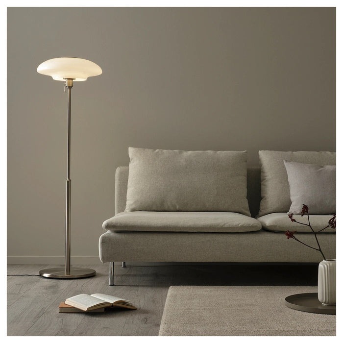 TALLBYN Floor lamp, nickel-plated/opal white glass, 135 cm