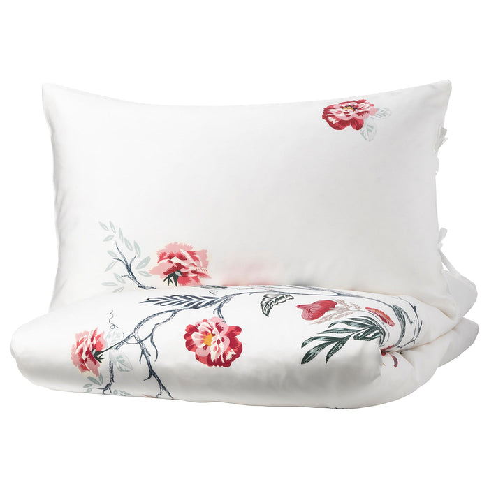 JATTELILJA Duvet cover and 2 pillowcases, white/floral patterned, 200x200/50x80 cm