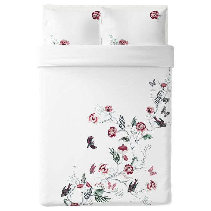 JATTELILJA Duvet cover and 2 pillowcases, white/floral patterned, 200x200/50x80 cm