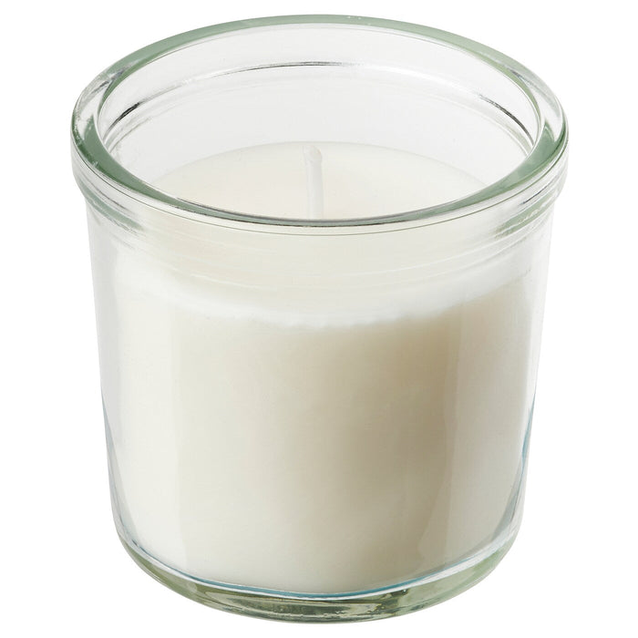 JAMLIK Scented candle in glass, Vanilla/light beige 20 hr