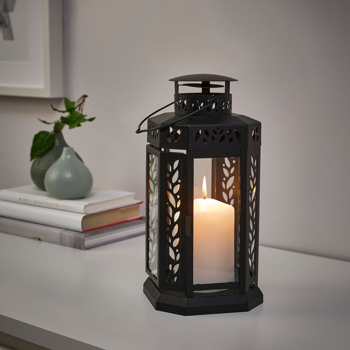 ENRUM Lantern f block candle, in/outdoor, black 28 cm