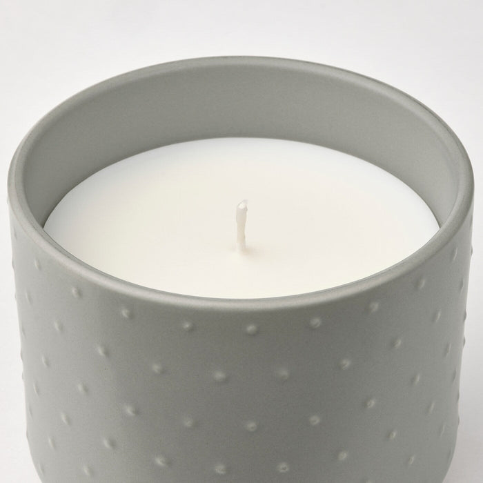 GLASBJORK Scented candle in ceramic jar, Cedarwood & vanilla/pale grey-green, 25 hr, 30533624