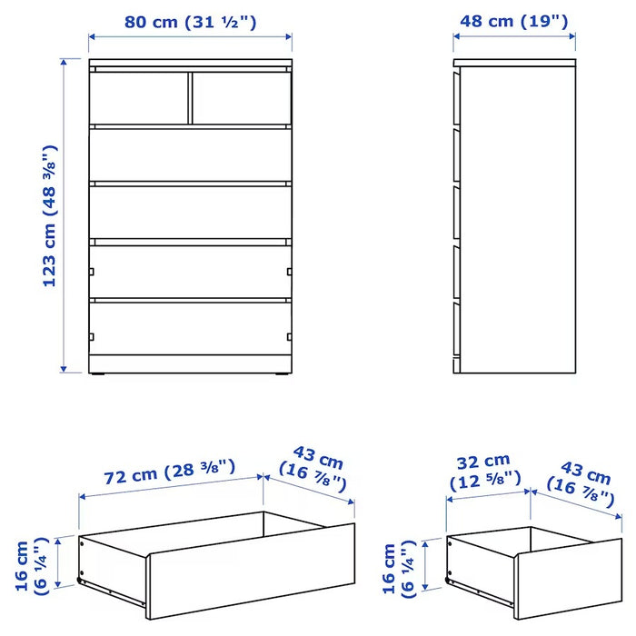 MALM Chest of 6 drawers, brown stained ash veneer 80x123 cm