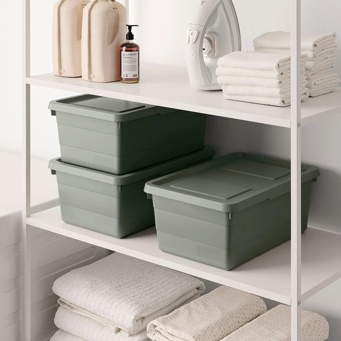 SOCKERBIT storage box with lid, grey-green, 38x25x