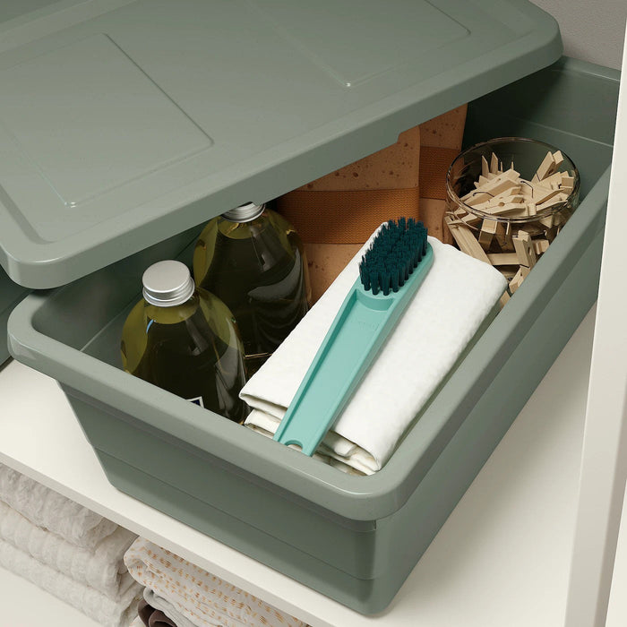 SOCKERBIT storage box with lid, grey-green, 38x25x