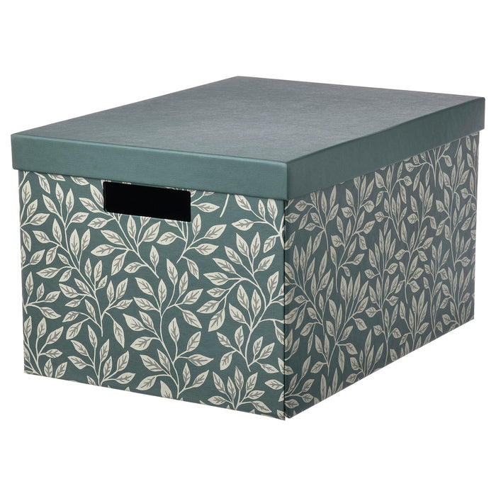 STUTERI Storage box with lid, green/leaf pattern, 25x35x20 cm, 40539017