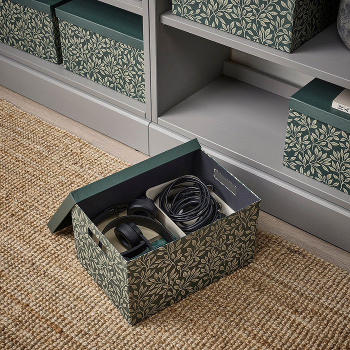 STUTERI Storage box with lid, green/leaf pattern, 25x35x20 cm, 40539017