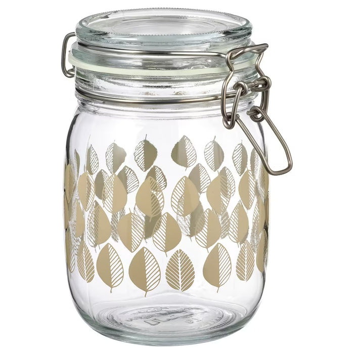 KORKEN jar with lid, patterned/light beige, 1 l