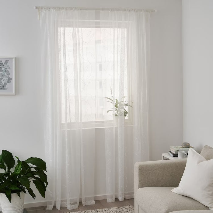 LILLEGERD Sheer curtains, 1 pair, white leaves, 145x250 cm