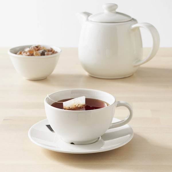 VARDAGEN Teacup with saucer, off-white 26 cl