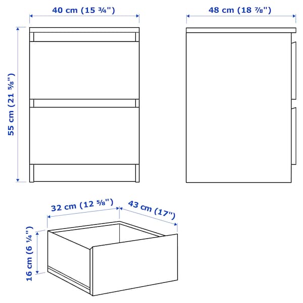 MALM Chest of 2 drawers, black-brown 40x55 cm