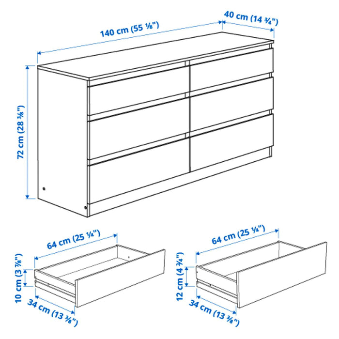 KULLEN Chest of 6 drawers, white140x72 cm