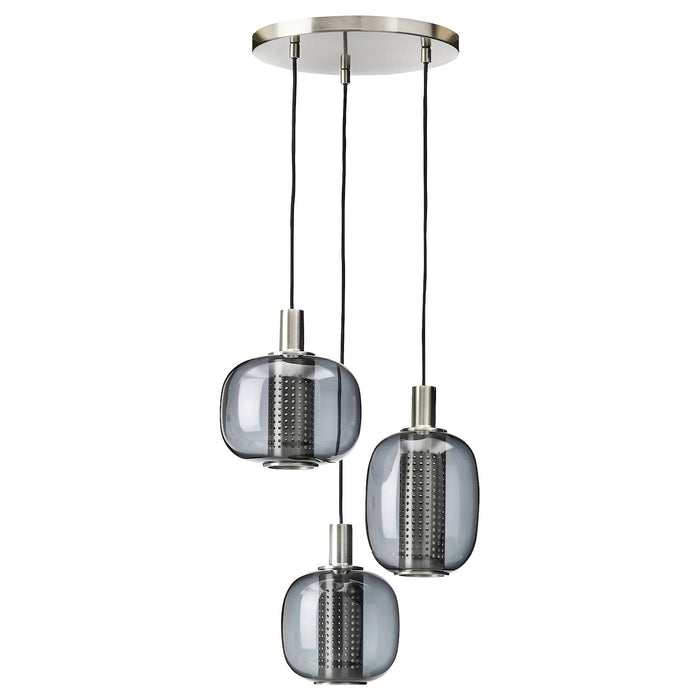 HOGVIND Pendant lamp with 3 lamps, nickel-plated/grey glass