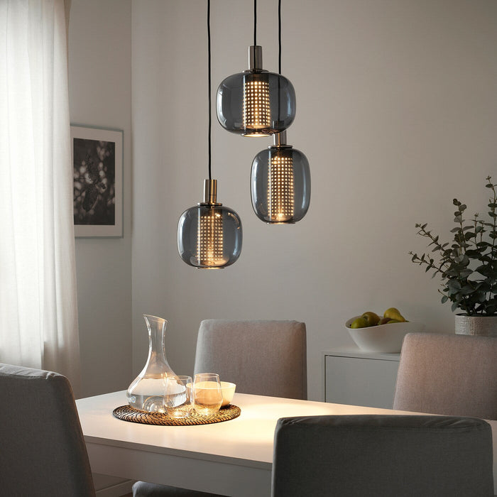 HOGVIND Pendant lamp with 3 lamps, nickel-plated/grey glass