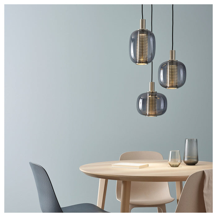 HOGVIND Pendant lamp with 3 lamps, nickel-plated/grey glass