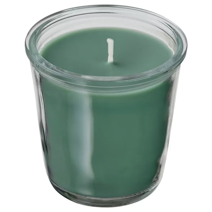 VINTERFINT Scented candle in glass, Pine and moss/green, 20hr