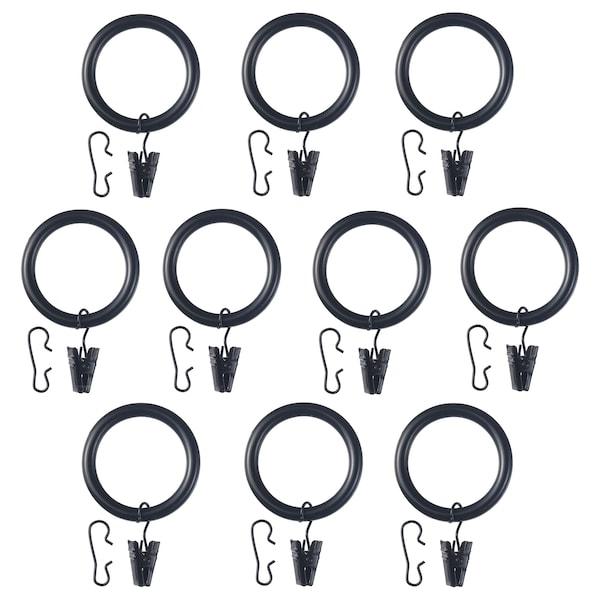 SYRLIG Curtain ring with clip and hook, black 38 mm