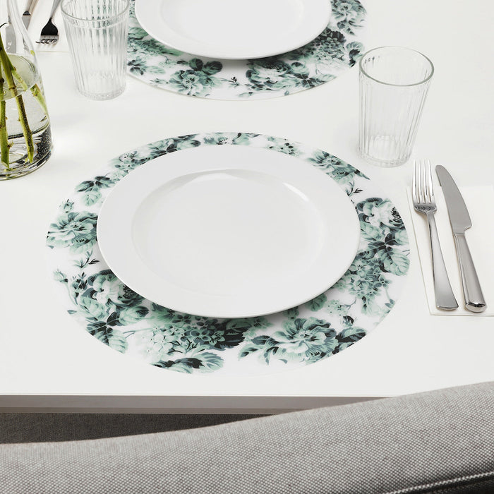 SMAKSINNE Place mat, white/green/flower, 37 cm