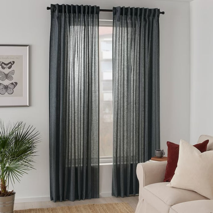 MILDRUN Curtains, 1 pair, dark grey/striped, 145x250 cm