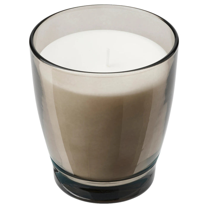 ENSTAKA Scented candle in glass, Bonfire/grey, 50 hr