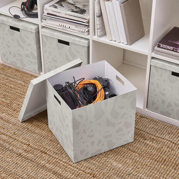 TJENA Storage box with lid, patterned/beige 32x35x32 cm