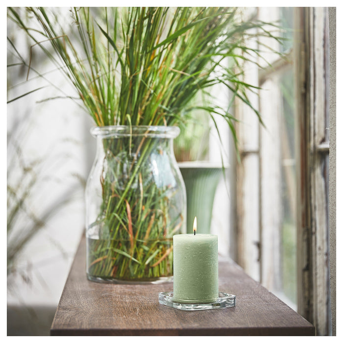 HEDERSAM Scented pillar candle, Fresh grass/light green, 30 hr