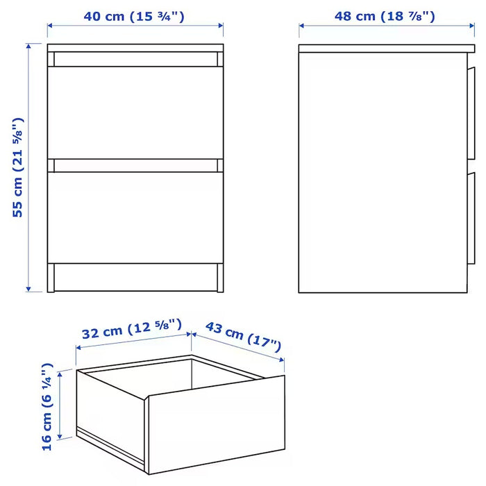 MALM Chest of 2 drawers, brown stained ask veneer 40x55 cm