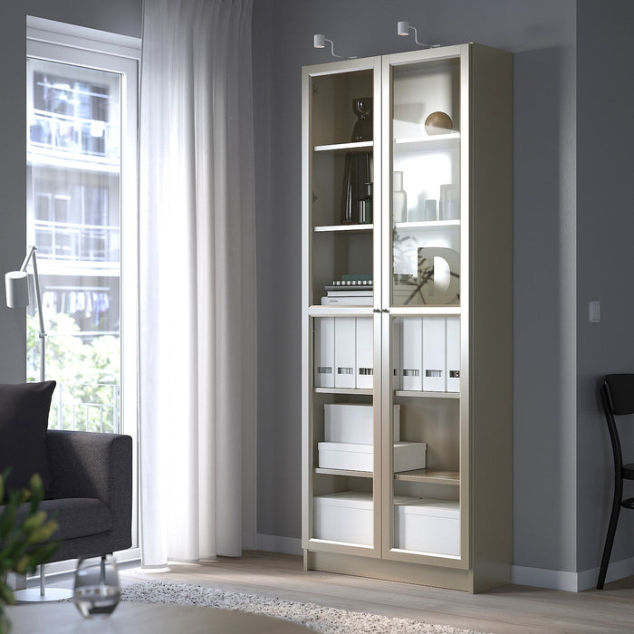 BILLY Bookcase with glass-doors, grey/metallic effect, 80x30x202 cm